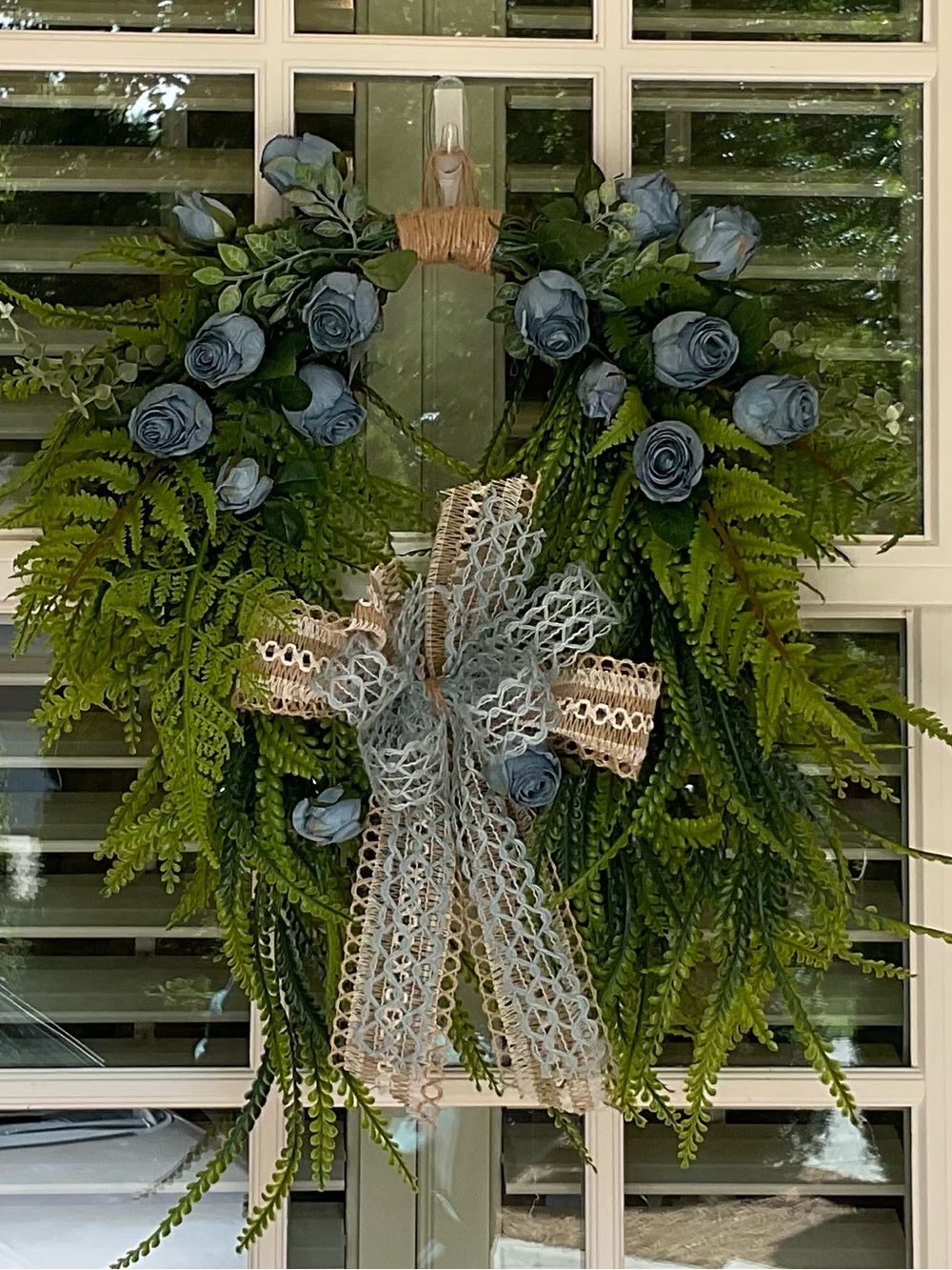 Blue Rose and Fern Holiday Wreath with Decorative Bow